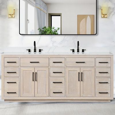 This luxurious vanity combines function and style to add quality to your bathroom space. It's available in 3 different sizes and colours and is compatible with 8-inch universal faucets, ensuring hassle-free installation. Ample storage and double-depth lower drawers give you plenty of room to store bathroom essentials, while the unique finish and design add a sophisticated, elegant feel to your bathroom. | Holaki 84" Solid Wood Double Bathroom Vanity w/ Quartz Top Brown 40.0 x 84.0 x 22.0 in | HL Luxurious Vanity, Double Bathroom, Garage Storage Cabinets, Double Bathroom Vanity, Mudroom Furniture, Bathroom Space, Shed Storage, Game Room Furniture, Bathroom Essentials