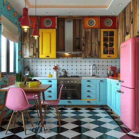 20+ Wooden Wall Paneling Designs in Vibrant Pop Art Settings • 333+ Art Images Pop Art House Decor, Vibrant Kitchen Eclectic, Pop Art Kitchen Interiors, Primary Colour Kitchen, Retro Maximalist Kitchen, Wooden Wall Paneling, Wall Paneling Design, Pop Art Kitchen, Pop Art Interior Design