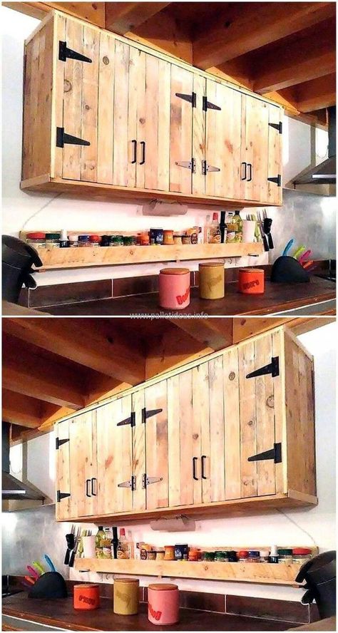 Pallet Kitchen Cabinets, Pallet Cabinet, Pallet Kitchen, Kitchen Cupboard Doors, Rustic Kitchen Cabinets, Farmhouse Kitchen Cabinets, Kitchen Cabinets Decor, Rustic Kitchen Design, Kitchen Cabinets Makeover