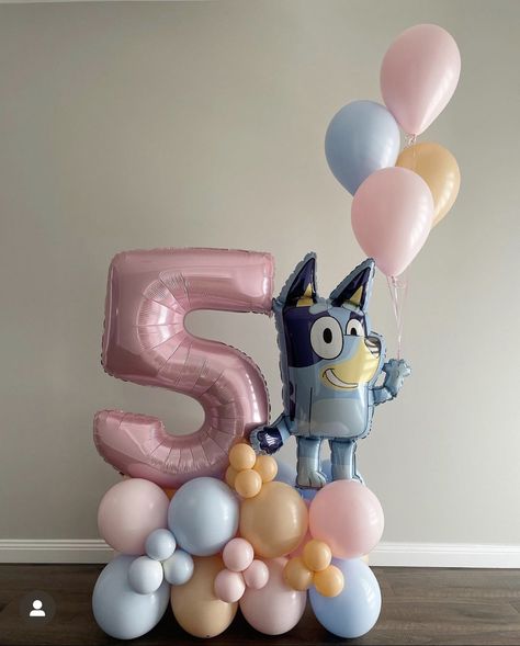 Bluey Party Decorations Table, 2nd Birthday Party For Girl Bluey, Bluey Girl Birthday Party Ideas, Bluey 5th Birthday Party Girl, Bluey Party Centerpieces, Bluey Cake Ideas For A Girl, Pastel Bluey Birthday, Bluey Birthday Party Ideas Pink, Bluey Birthday Party Ideas Girl