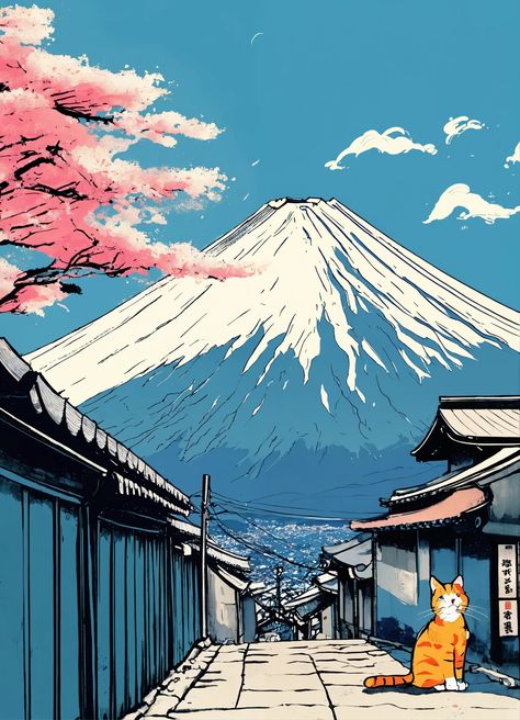 Cute Cat Anime, Mount Fuji Japan, Pine Tree Silhouette, Fuji Japan, Japan Cute, Fuji Mountain, Illustration Cat, Japan Painting, Cat Anime