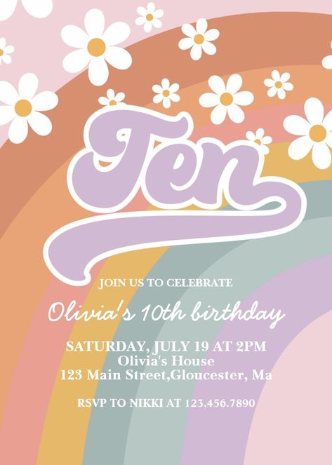 Groovy Retro Rainbow 10th Birthday Invitation Groovy 10th Birthday Party, 10th Birthday Invitation, Retro Birthday, 10th Birthday Parties, Groovy Retro, Retro Rainbow, Birthday Invitations Girl, Party Invite Template, Bday Ideas