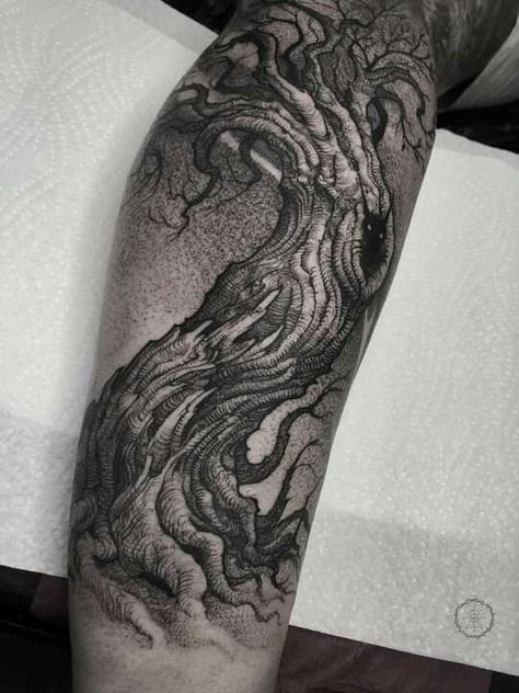 Blackwork Tree Tattoo, Creepy Forest Tattoo, Dark Tree Tattoo, Forest Scene Tattoo, Fred Tattoo, Rib Tats, Dark Forest Tattoo, Cool Nature Tattoos, Griffin Tattoo