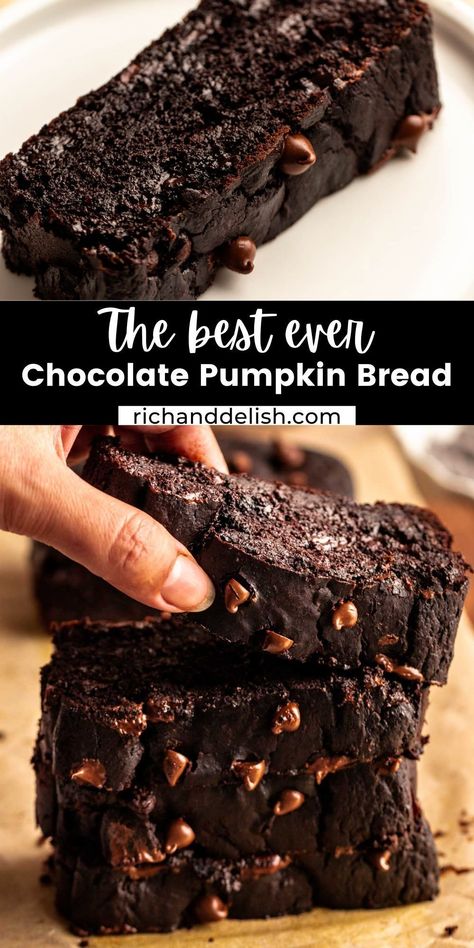 This chocolate pumpkin bread is rich and full of chocolate flavor, with a hint of pumpkin and a soft and gooey texture. Chocolate Pumpkin Desserts, Holiday Recipes Christmas Desserts, Chocolate Pumpkin Bread, Breads Recipes, Chocolate Chip Bread, Pumpkin Chocolate Chip Bread, Chocolate Pumpkin, Chocolate Bread, Pumpkin Chocolate Chips