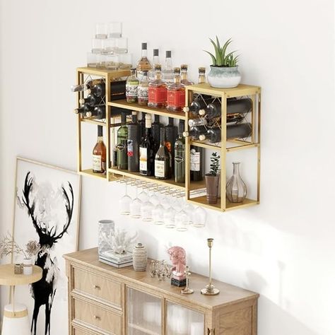 Amazon.com: KaKaBB Metal Wall Mounted Wine Rack 2 Tier, Bar Shelves for Liquor Bottles with Glass Holder Storage, Floating Liquor Wall Shelf for Home Bar Kitchen Dining Room (Black) : Home & Kitchen Liquor Wall Shelf, Shelves For Liquor Bottles, Wall Bar Cabinet, Liquor Wall, Desert Inspo, Drink Shelf, Wall Mounted Shelving Unit, Liquor Storage, Liquor Shelf