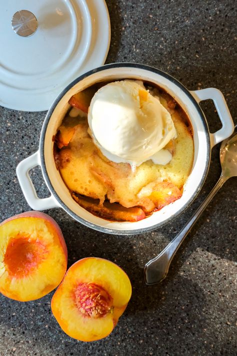 Peach Cobbler For One, Cobbler For One, Mini Cocotte Recipe, Dutch Oven Peach Cobbler, Ramekin Recipe, Cocotte Recipe, Le Creuset Recipes, Mini Casseroles, Cobbler Topping