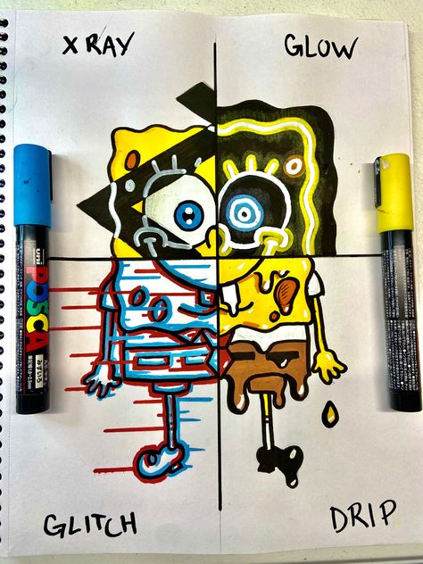 Spongebob Spongebob Glitch Drawing, Cool Things To Draw With Posca Pens, 4 Style Drawing, Drawing With Paint Markers, Posca Marker Drawings, Graffiti Spongebob, Spongebob Drawings Art, Cool Marker Drawings, Art With Markers