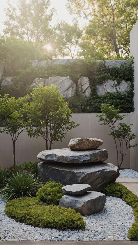 Creating a Natural Oasis: 15 Stunning Landscaping Ideas with Large Rocks - Fads Large Outdoor Landscaping Ideas, Large Boulder Water Feature, Landscaping Large Rocks, Tropical Dry Garden, Large Rock Garden Ideas, Natural Pool Landscaping, Stone Courtyard Ideas, Modern Landscaping Design, Large Stone Landscaping