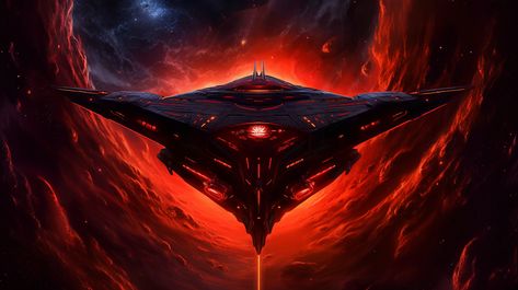 Evil Spaceship Concept Art, Vampire Spaceship, Evil Spaceship, Pointing At The Camera, Red Spaceship, Black Spaceship, Spaceship Ideas, Space With Stars, Naval Architecture