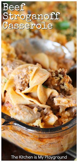 Beef Stroganoff Casserole ~ Dig in to a pan of this tasty casserole for dinner! It's loaded with great flavor the whole family will love. www.thekitchenismyplayground.com Stroganoff Casserole Recipe, Beef Stroganoff Casserole, Stroganoff Casserole, Recipe Beef, Beef Casserole Recipes, Yummy Casseroles, Beef Recipes Easy, Beef Stroganoff, Easy Casserole Recipes