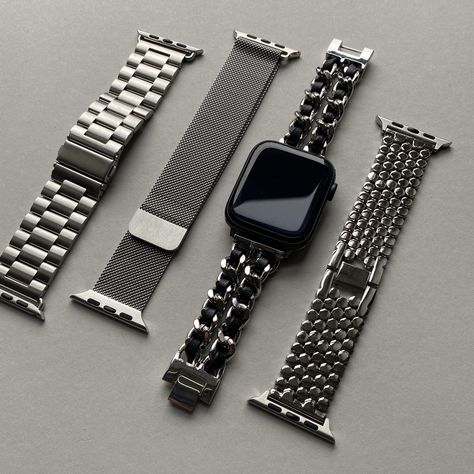 Apple Watch Bands For Black Watch, Apple Watch Silver Band, Watch Bands For Apple Watch, Apple Watches For Women, Silver Apple Watch, Black Apple Watch, Apple Watch Silver, Bands For Apple Watch, Faces Band