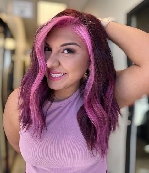 Vivid Hair Color Ideas For Winter, Fun Hair 2023, Pink And Plum Hair, Pink Over Red Hair, Pink Color Melt Hair, Purple Hair With Pink Money Piece, Haircolor Ideas 2020, Purple Hair Pink Money Piece, Hair 2024 Trends Women Color