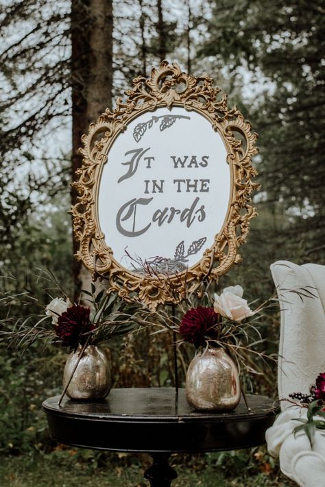 Late Fall Tarot Cards and Halloween Inspired Wedding Ideas #weddinginspiration #weddingsign #itwasinthecards #mirrorweddingsign Mirror Wedding Signs, Pineapple Punch, Floral Creations, Halloween Wedding, Bird Photography, Antique Mirror, Script Font, Blogger Themes, Styled Shoot