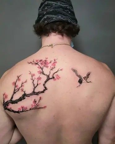 Sakura Tattoo Sleeve, Tattoo Ideas For Men Tree, Blossom Tree Tattoo Men, Cherry Blossom Men’s Tattoo, Cherry Blossom Chest Tattoo Men, Tree Tatoos Man, Sakura Tattoo Men, Red Tree Tattoo, Flower With Roots Tattoo