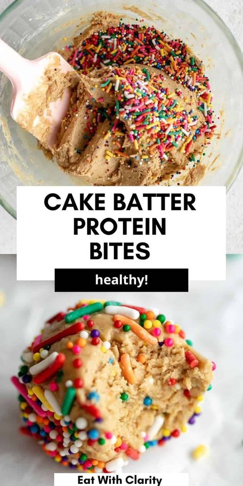 These cake batter high protein energy bites are healthy, easy to make and perfect for a simple vegan snack or dessert. These energy balls are gluten free, made with cashew butter and sweetened with just honey or maple syrup. Cake Batter Protein Balls, Protein Energy Bites, Cake Batter Protein, Protein Baking, High Protein Desserts, Healthy Protein Snacks, Healthy Sweet Snacks, Protein Treats, Vegan Snack