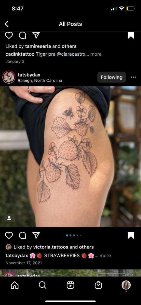 Black and Grey Thigh tattoo with strawberries flowers and bees Flower Bee Tattoo, Lower Hip Tattoos, Bee And Flower Tattoo, Flower Vine Tattoos, Upper Thigh Tattoos, Strawberry Tattoo, Fruit Tattoo, Hip Tattoos Women, Elbow Tattoos