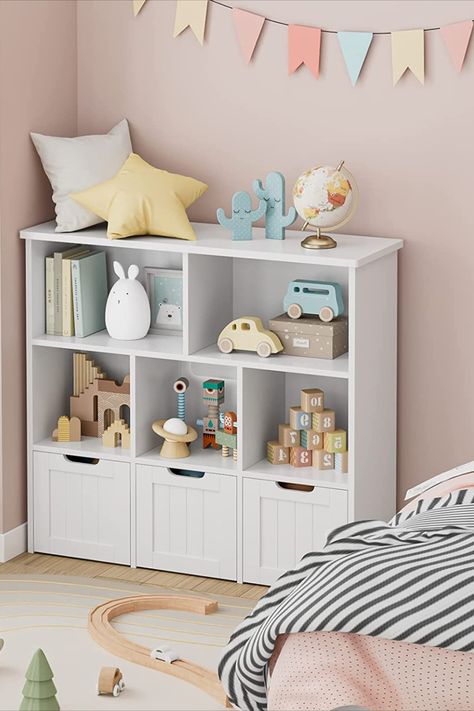 Toy Storage Nursery, White Bookcases, Living Room Toy Storage, Baby Room Storage, Baby Toy Storage, Kids Storage Units, Storage Cubbies, Toy Storage Organizer, Diy Toy Storage