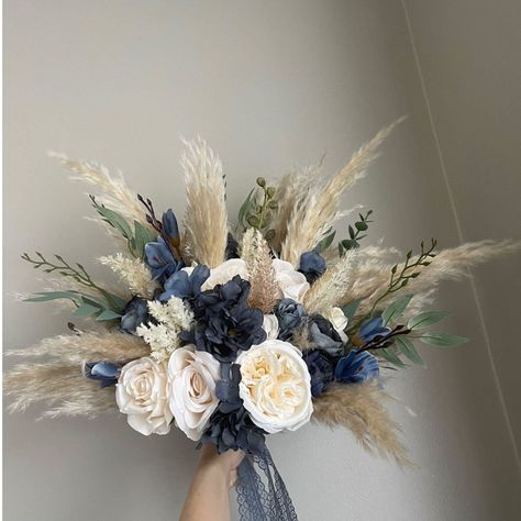 . Dusty Blue Bridal Bouquet, Bridal Bouquet Ivory, Champagne Wedding Flowers, Navy Wedding Bouquet, Ivory Wedding Bouquet, Navy Blue Wedding Theme, Blue Bridal Bouquet, Pampas Wedding, Ivory Bouquet Wedding