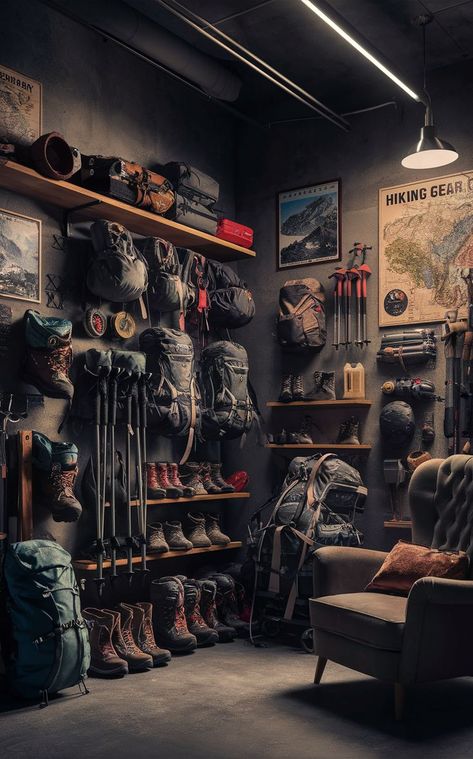 Create a rugged and durable adventure room with industrial gear wall ideas! These designs are perfect for heavy-duty outdoor gear storage and keeping your hiking essentials organized in a strong, practical space. 🛠️ #IndustrialGearRoom #HikingGear #OutdoorGearStorage Hiking Equipment Storage, Camp Gear Organization, Hiking Gear Storage Ideas, Gear Room Organization Small Spaces, Adventure Gear Storage, Outdoor Gear Storage Ideas, Cabin Storage Ideas, Hunting Storage Room, Outdoor Gear Room