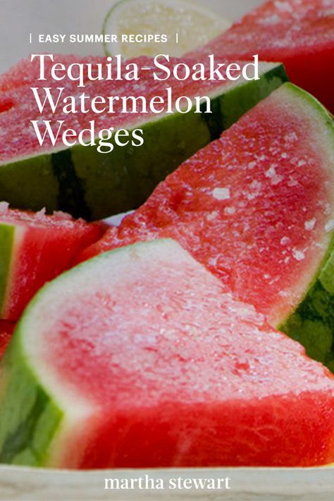 Treat yourself to a refreshing tequila-soaked watermelon wedge as a fun cocktail idea throughout this spring and summer season. See the full recipe for this easy fruit cocktail along with other summer recipes. #marthastewart #recipes #recipeideas #drinkrecipes #drinkideas #fundrinkrecipes Tequila Soaked Watermelon, Watermelon Alcohol, Easy Fruit Cocktails, Tequila Watermelon, Alcohol Fruit, Watermelon Wedges, Watermelon Tequila, Wedges Recipe, Alcoholic Desserts