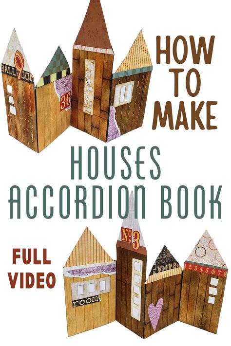 How to make a houses accordion book. Learn this special technique of creating an accordion mini book in the shape of double sided houses and learn how to make different wooden textures for each house House Shaped Book, Accordion Book Diy, Accordion Mini Album Tutorial, Diy Books For Kids, How To Make Paper Book, How To Make A Book, Diy Paper Book, Accordion Books, Accordian Book