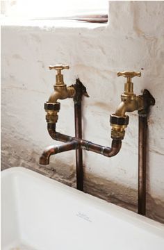 Log Cabin Bathrooms, Log Cabin Bathroom, Record Decor, Exposed Plumbing, Brass Faucets, Copper Taps, Cabin Bathrooms, Brass Tap, Industrial Bathroom