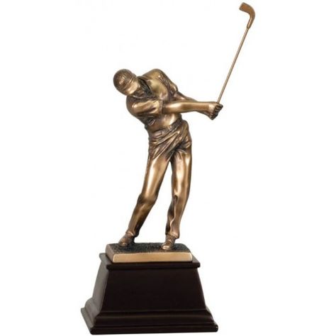 A bronze resin golf trophy of a man at the end of his golf swing mounted on a black base. Golf Awards, Golf Trophy, Golf Trophies, Golf Event, Custom Golf, Resin Sculpture, Golf Tournament, Resin Material, Welcome To The World