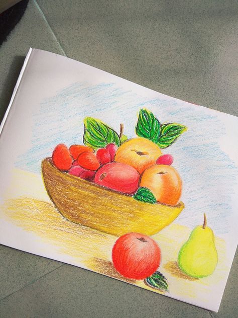 Sketch Of Fruits, Fruit Basket Drawing Pencil Colour, Fruit Garden Painting, Fruits Oil Pastel Drawing, Fruit In Basket Drawing, Drawing Fruit Basket Art, How To Draw A Fruit Basket, Fruit Basket Drawing Paintings, Fruits Oil Pastel