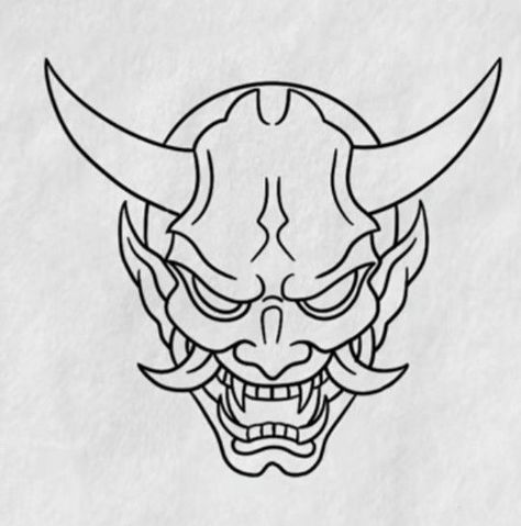 Simple Hannya Mask Tattoo, Simple Oni Mask Tattoo, Omi Mask Tattoo, Hannya Mask Drawing, Japanese Drawing Simple, Oni Drawing, Japanese Demon Tattoo, Japanese Mask Tattoo, Black And White Flower Tattoo