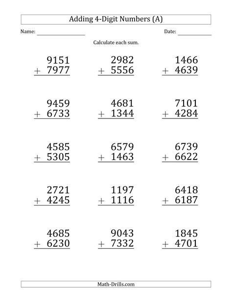 The Large Print 4-Digit Plus 4-Digit Addition with SOME Regrouping (A) Math Worksheet from the Addition Worksheets Page at Math-Drills.com. Grade 2 Addition, Addition With Regrouping Worksheets, Third Grade Math Worksheets, Addition And Subtraction Practice, Math Practice Worksheets, Math Addition Worksheets, Math Drills, 4th Grade Math Worksheets, Math Subtraction