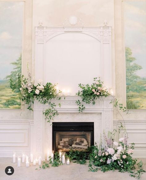 Fireplace Decor For Wedding, Fireplace Florals, Fireplace Wedding, Wedding Mantle, Wedding Fireplace, Ceremony Inspiration, Toronto Wedding, Flower Candle, Timeless Wedding