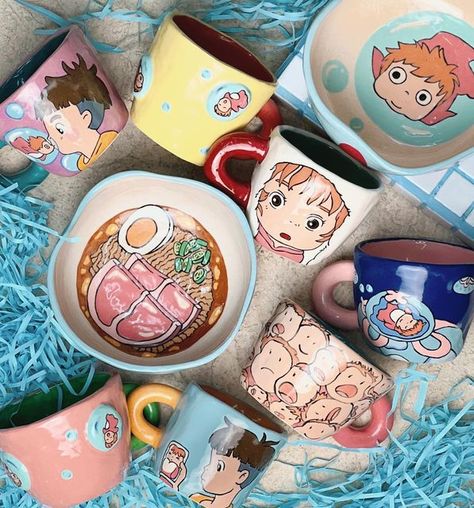 Pottery Painting Ponyo, Ponyo Ceramic Bowl, Studio Ghibli Ceramic Mug, Howls Moving Castle Pottery Painting, Ceramic Cups Painting, Cup Art Ideas, Ceramic Mugs Painting, Anime Ceramics Ideas, Ponyo Ceramics