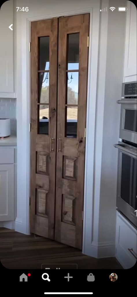 Bifold Doors For Pantry, Pantry Door Corner, Small Custom Pantry Ideas, Unique Pantry Doors Antique, French Country Pantry Door, Corner Kitchen Pantry Door, Green Pantry Walls, Curved Pantry Door, Space Saving Pantry Door