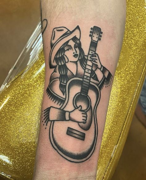 Cowboy Guitar Tattoo, American Traditional Guitar Tattoo, Music Traditional Tattoo, Traditional Guitar Tattoo, Traditional Music Tattoo, Guitarist Tattoo, Guitar Drawing, Tattoo Reference, Piercing Inspo