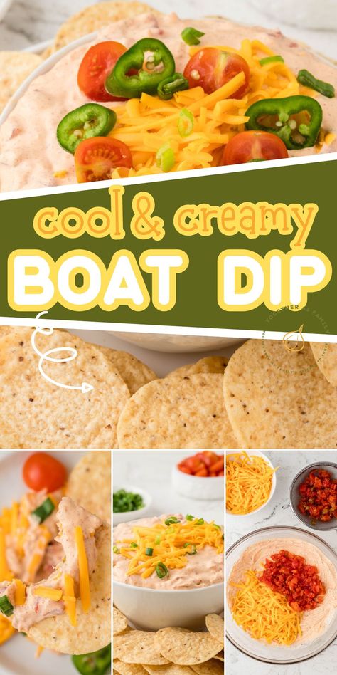 Make this viral TikTok Boat Dip! It's the perfect dip recipe for summertime pool days, lazy days, game day, or parties - a creamy dip with only 6 ingredients - cream cheese, sour cream, taco seasoning, ranch seasoning, diced tomatoes with green chilies, and shredded cheese. Low Sodium Dips Recipes, Memorial Day Dips, Cream Cheese Dip Recipes, Cream Cheese Salsa Dip, Sour Cream Dip Recipes, Boat Dip, Cream Cheese Recipes Dip, Best Party Appetizers, Boat Days