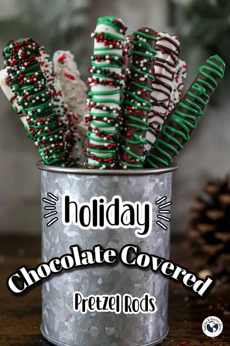 Easy to make and fun to gift, these festive chocolate covered pretzel rods are perfect for any holiday dessert table. Pretzel Rods Recipe, Chocolate Covered Pretzels Christmas, Chocolate Pretzel Rods, Covered Pretzel Rods, Christmas Pretzels, Dipped Pretzel Rods, White Chocolate Pretzels, White Almond Bark, Chocolate Covered Pretzel