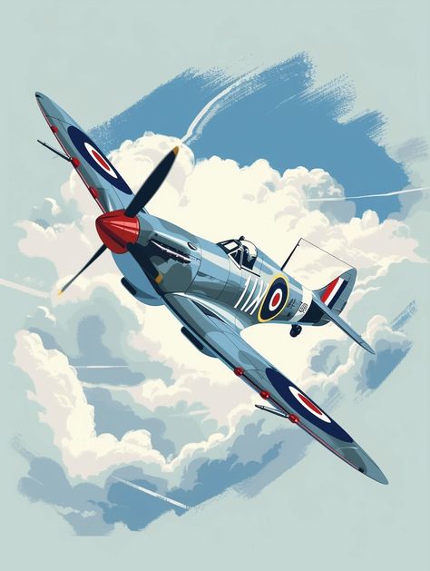 graphic for t-shirt, flat graphic, World War II spitfire plane flying out of the clouds, isolated, simple --v 6 Aviation Painting, Unsc Halo, Fighter Planes Art, Spitfire Plane, Cartoon Plane, Plane Drawing, Flying Plane, Airplane Painting, Plane Flying