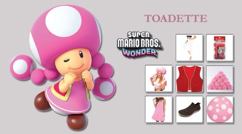 TOADETTE COSTUME FROM SUPER MARIO BROS. WONDER Diy Mario Mushroom Costume, Toadette Diy Costume, Toadette Hat Diy, Toad And Toadette Costume, Super Mario Characters Costumes, Diy Toadette Costume, Mario Characters Costumes, Toadette Cosplay, Toadette Mario