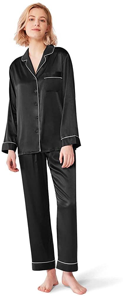 SIORO Womens Silky Satin Pajamas Set Sleepwear Loungewear Button Down Pijamas Long Sets, Black, Small at Amazon Women’s Clothing store Black Silk Pajamas, Pjs For Women, Silk Loungewear, Silk Pajama Pants, Silk Pjs, Silky Pajamas, Satin Pj Set, Silk Pajamas Women, Black Pajamas