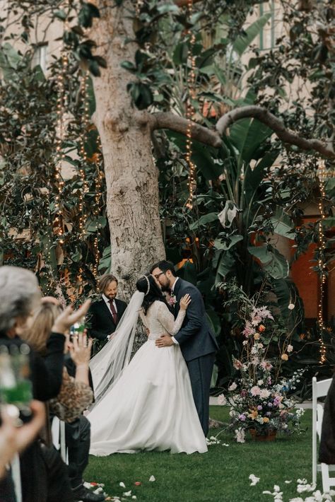 Married In Front Of Tree, Ceremony In Front Of Tree, Wedding In Front Of Tree, Outdoor Ceremony Flowers, Whimsical Romantic Wedding, California Ranch Wedding, Renew Vows, Flower Fairy Lights, Bride And Groom Kissing