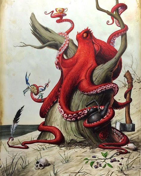 Meet me in the Dark, Twisted & whimsical adventures of Victor Grasso's paintings! Another self-taught artist that has captivated me this year, Grasso's work is mysterious, deep and completely s... Octopus Drawing, Inktober 2023, Octopus Tattoos, Arte 8 Bits, Octopus Art, Group Therapy, Desenho Tattoo, Ocean Art, Cthulhu