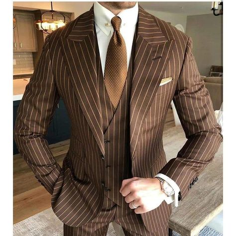 Dark Academia Brown, Plaid Tuxedo, Men's Tuxedo, Brown Pinstripe, Striped Wedding, Tuxedo Blazer, Tuxedo Wedding, Tuxedo For Men, Man Set