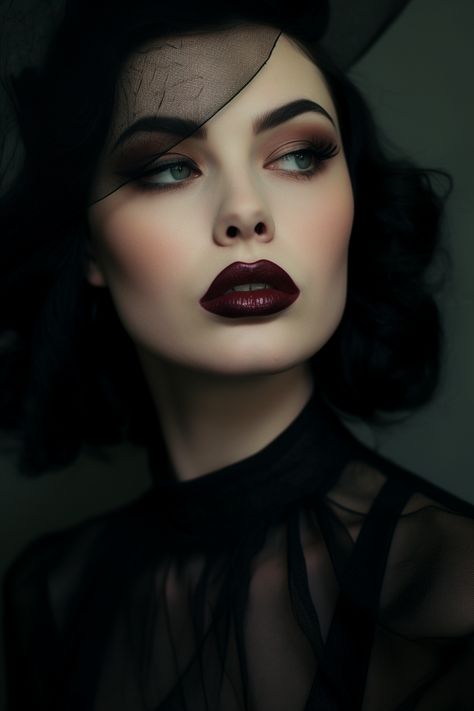 1930s Glam Makeup, Noir Makeup Looks, Dark Makeup For Wedding, Most Beautiful Makeup Looks, Flapper Inspired Makeup, Gothic Editorial Photography, Lilith Inspired Makeup, Scottish Makeup Looks, Goth Glamour Makeup