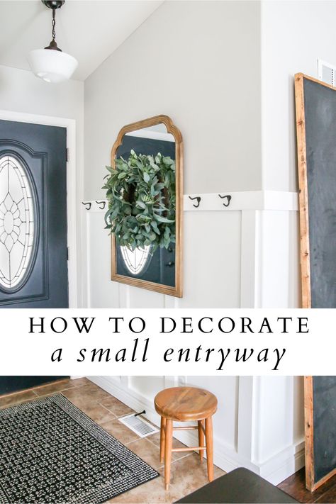 How to decorate a small entryway Small House Entry Living Room, Entryway When There Isnt One, Small Awkward Entryway Ideas, Small Foyer Ideas Entryway With Windows, Small Entry Hallway Decor, Entryway Wall Behind Door, How To Decorate A Corner In Hallway, Modern Farmhouse Small Entryway, Small Foyer Wall Ideas