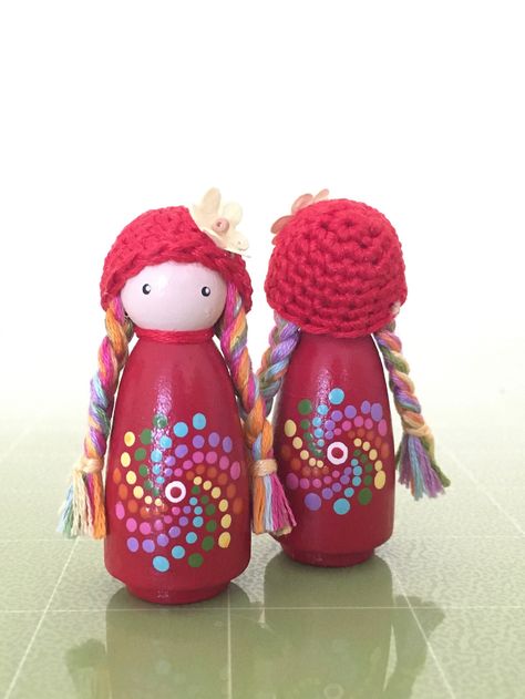 Boho Peg Doll, Peg Doll Painting, How To Paint Wood Peg Dolls, Peg Doll Spring, Encanto Peg Doll, Pretty Pegs, Dolly Pegs, Mandala Dot Art, Tiny Art