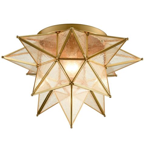 Brass Moravian Star Ceiling Light with Seeded Glass (18 Inch) | Claxy Origami Lamps, Moravian Star Light, Moravian Star, Star Lights On Ceiling, Brass Light Fixture, Metal Ceiling Lighting, Star Ceiling, Modern Flush Mount, Kitchen Ceiling Lights