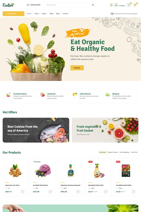 The "Ecolive" WordPress theme is designed for organic food and related e-commerce websites. Organic Food Website Design, Organic Website Design, Herbal Design, Food Website Design, Layout Site, E Commerce Website Design, Food Web Design, Food Discount, Organic Recipes Healthy