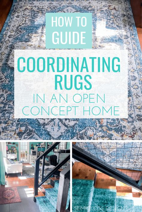 Learn how to coordinate rugs in an open concept home. Picking out rugs that go with each other shouldn't be so hard. Here are some tips to get started. #semiglossdesign #rugs How To Pick Rugs For House, Open Concept Curtain Ideas, How To Coordinate Rugs In Open Concept, Rugs Open Floor Plan, Multiple Rugs In Open Floor Plan, Mixing Rugs In Open Floor Plan, Area Rug Placement, Rug Placement, Boho Dining Room