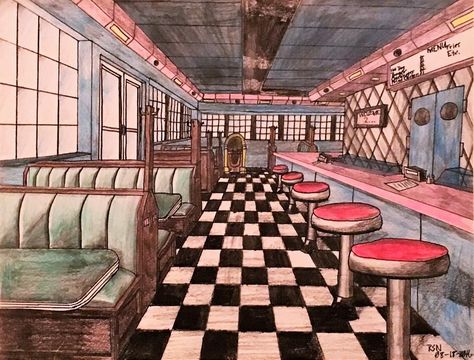 A '50s Diner by ArtsInSladeVision 50’s Diner, Diner Artwork, Old Diner Aesthetic, Diner Architecture, 50s Diner Aesthetic, Diner Drawing, Retro Restaurant Design, 60s Diner, 1950 American Diner