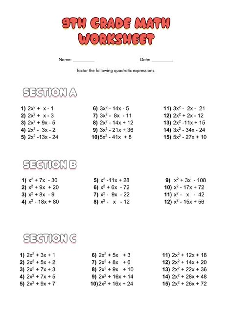 9th Grade Algebra Math Worksheets Printable 8th Grade Math Worksheets With Answers, Grade 7 Math Worksheets With Answers, Grade9 Math, Class 8 Maths Worksheets, Grade 9 Math Worksheets, Grade 8 Math Worksheets, 9th Grade Math Worksheets, 9th Grade Worksheets, Year 8 Maths Worksheets